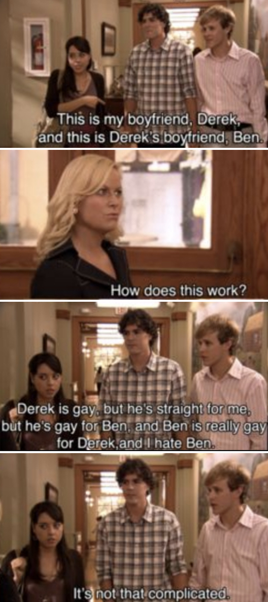 Aubrey Plaza and Amy Poehler on &quot;Parks &amp;amp; Rec&quot; in a scene in which Aubrey&#x27;s character describes a relationship involving two men and her
