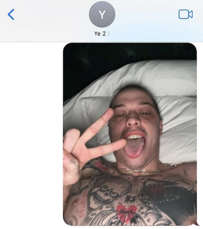 Screenshot of Pete lying in bed and sticking his tongue out, allegedly sent to Ye
