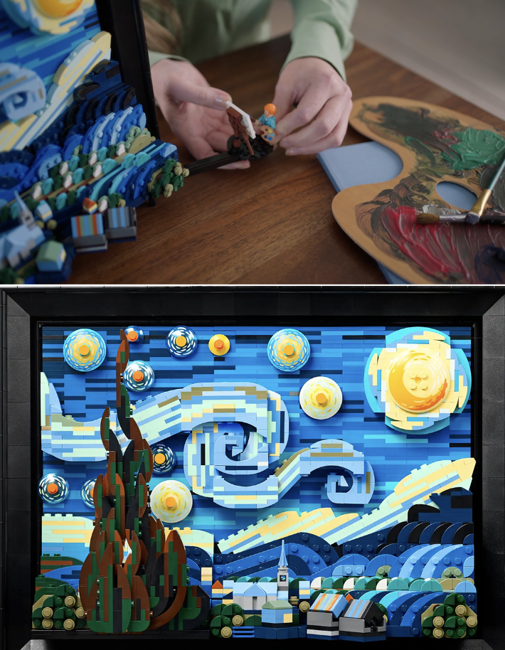 Someone putting together a Lego set of Vincent van Gogh&#x27;s &quot;Starry Night&quot; painting