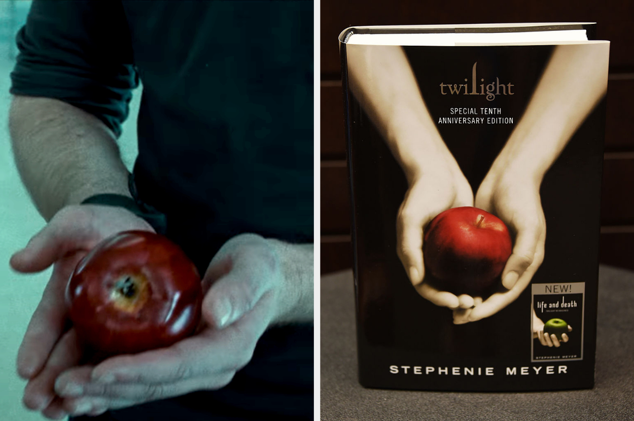 A side by side of Edward holding the apple in &quot;Twilight&quot; and the book cover