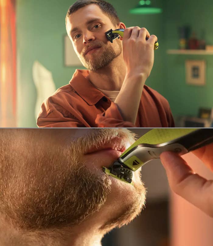 A man shaving his beard with the electric razor