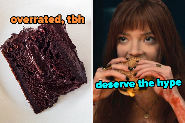 On the left, a slice of chocolate cake labeled overrated tbh, and on the right, Anna Taylor Joy eating a cheeseburger as Margot in The Menu labeled deserve the hype