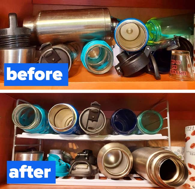 a reviewer before and after for the water bottle organizer
