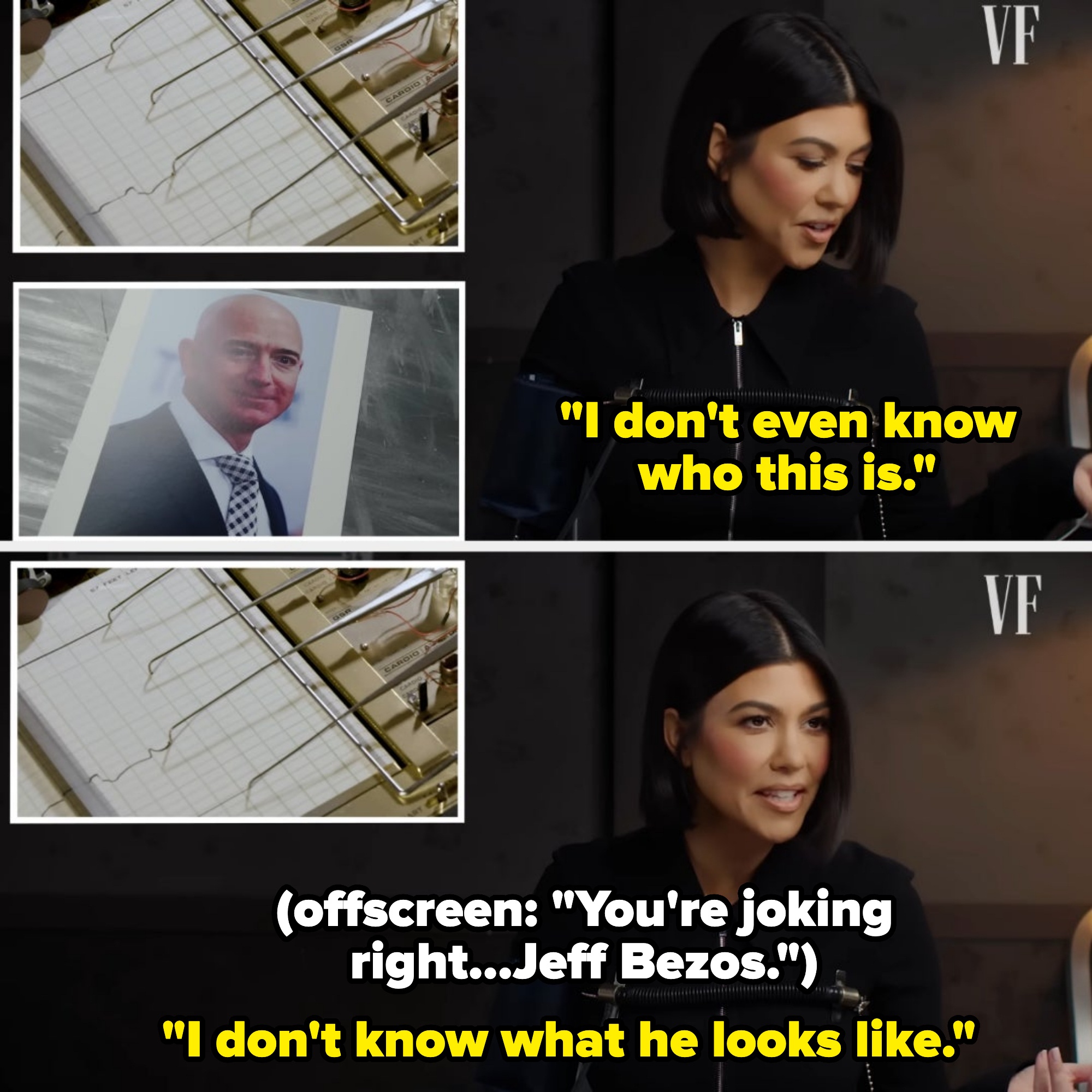 Kourtney looks at a picture of Jeff Bezos and says she doesn&#x27;t know who this is and then khloe says it&#x27;s jeff bezos and kourtney says she doesn&#x27;t know what he looks like