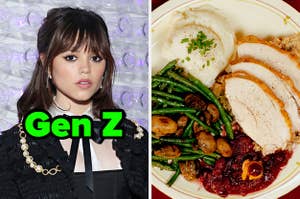 On the left, Jenna Ortega labeled Gen Z, and on the right, a plate with mashed potatoes, green beans, turkey, and cranberry sauce