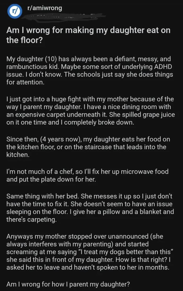 mom asking if she&#x27;s an asshole for making her daughter eat and sleep on the floor