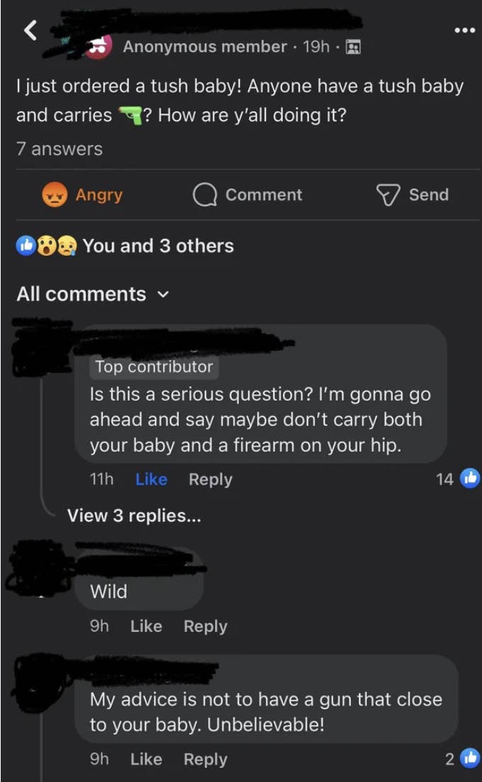 people in the comments telling her not to a have firearm anywhere near her baby
