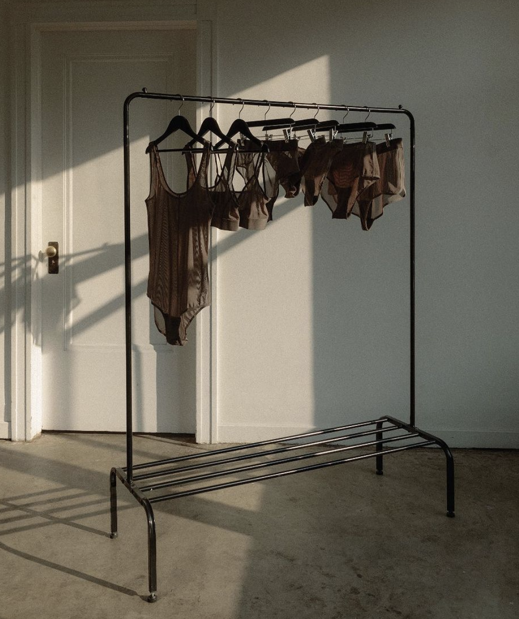 Clothing rack with delicate, chocolate brown undergarments hanging in the sun.