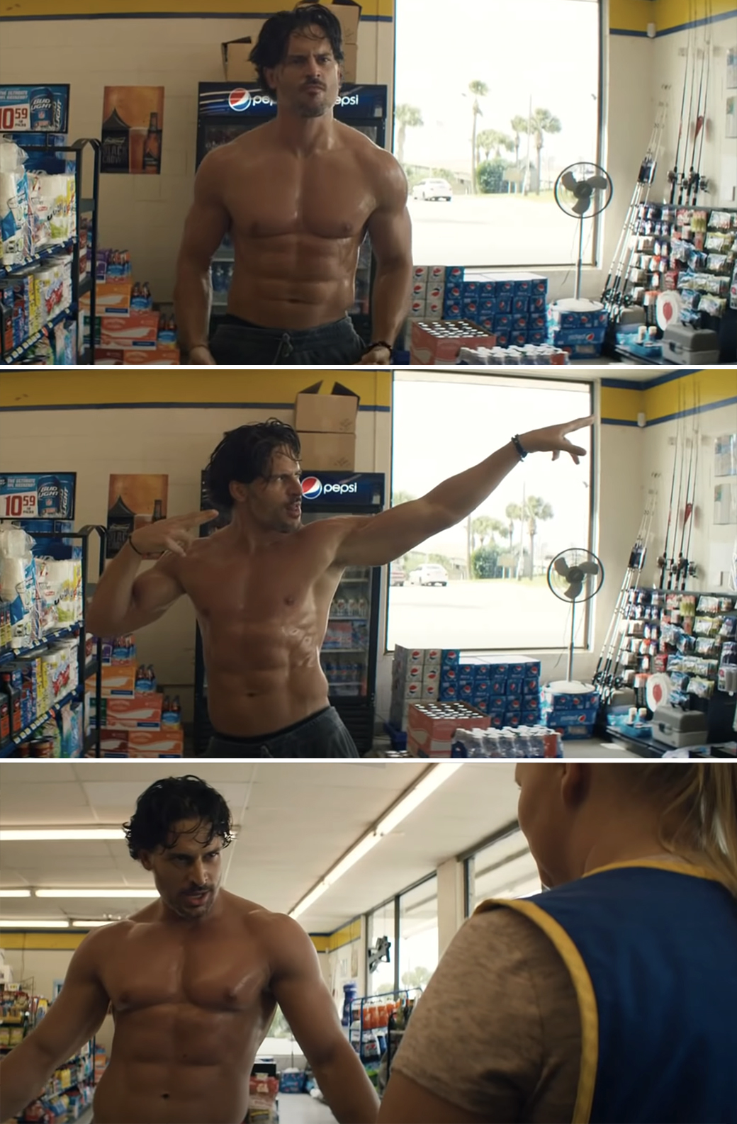 Joe dancing shirtless in a gas station in "Magic Mike XXL"