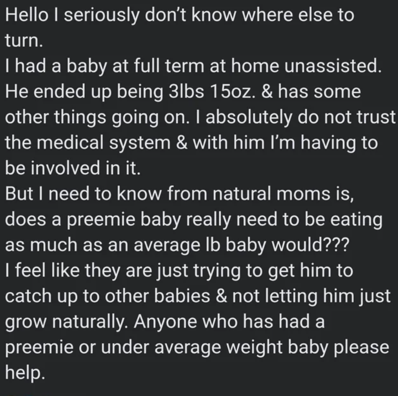 mom asking the group how much her premie baby should be eating because she doesn&#x27;t trust doctors
