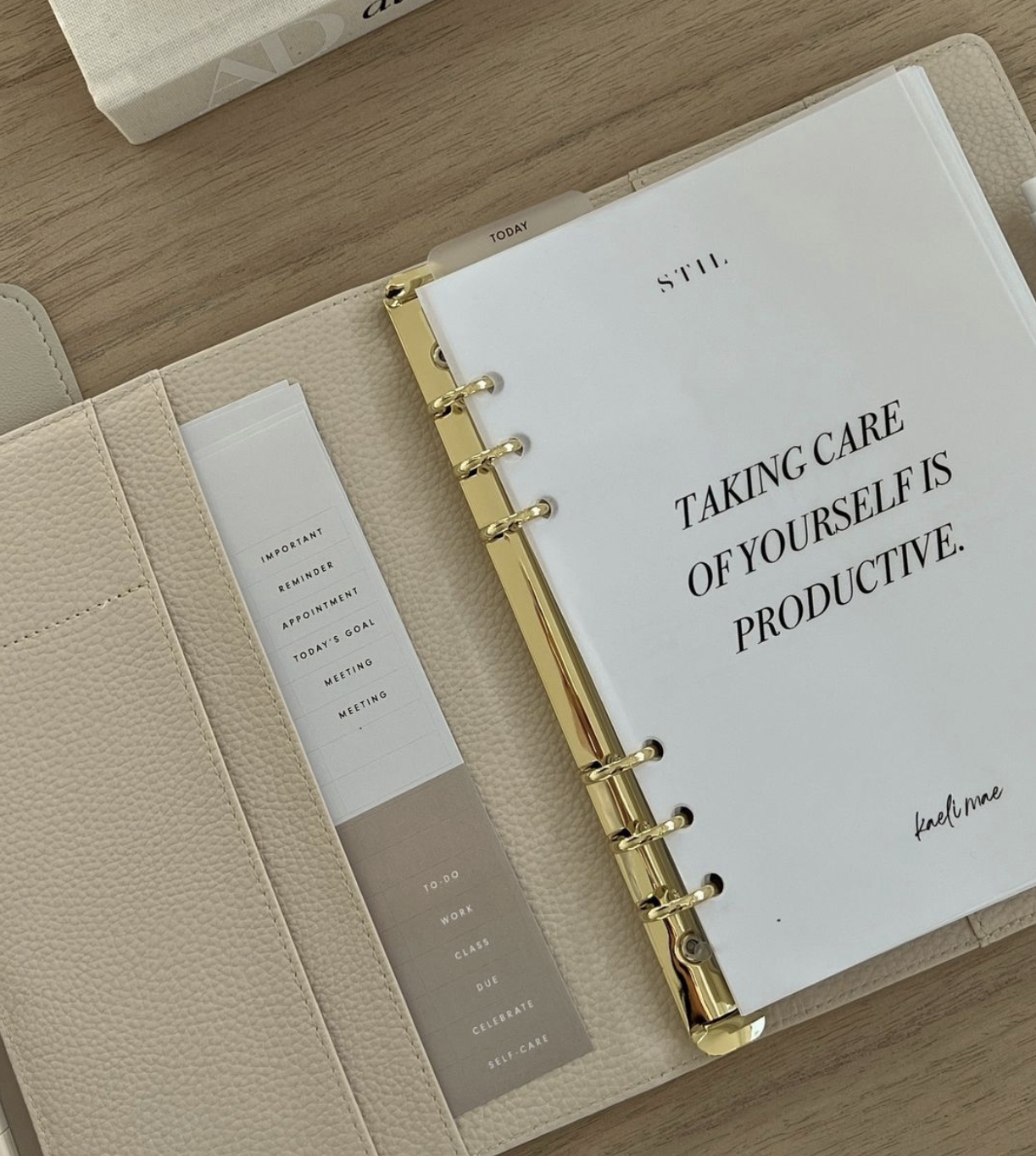 A leather-bound planner opens to the first page which reads: &quot;TAKING CARE OF YOURSELF IS PRODUCTIVE.&quot;