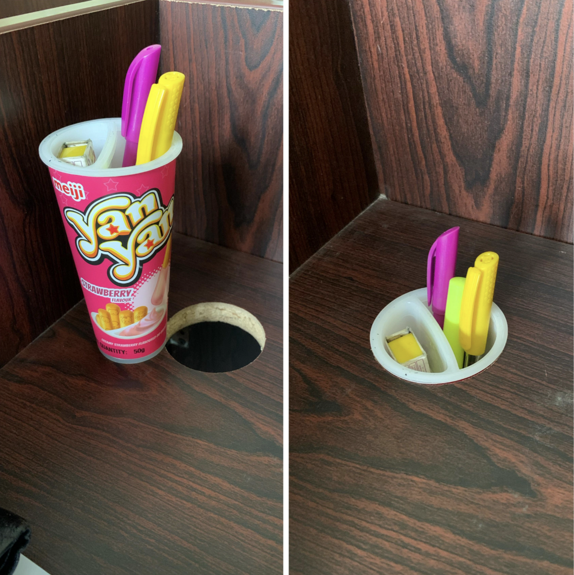 a snack cup fits perfectly into a hole cut out on a desk and is not used to keep pens