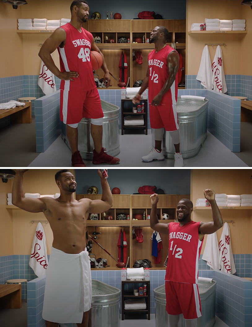 Isaiah and Kevin in a locker room wearing red and white basketball jerseys that read &quot;Swagger&quot;
