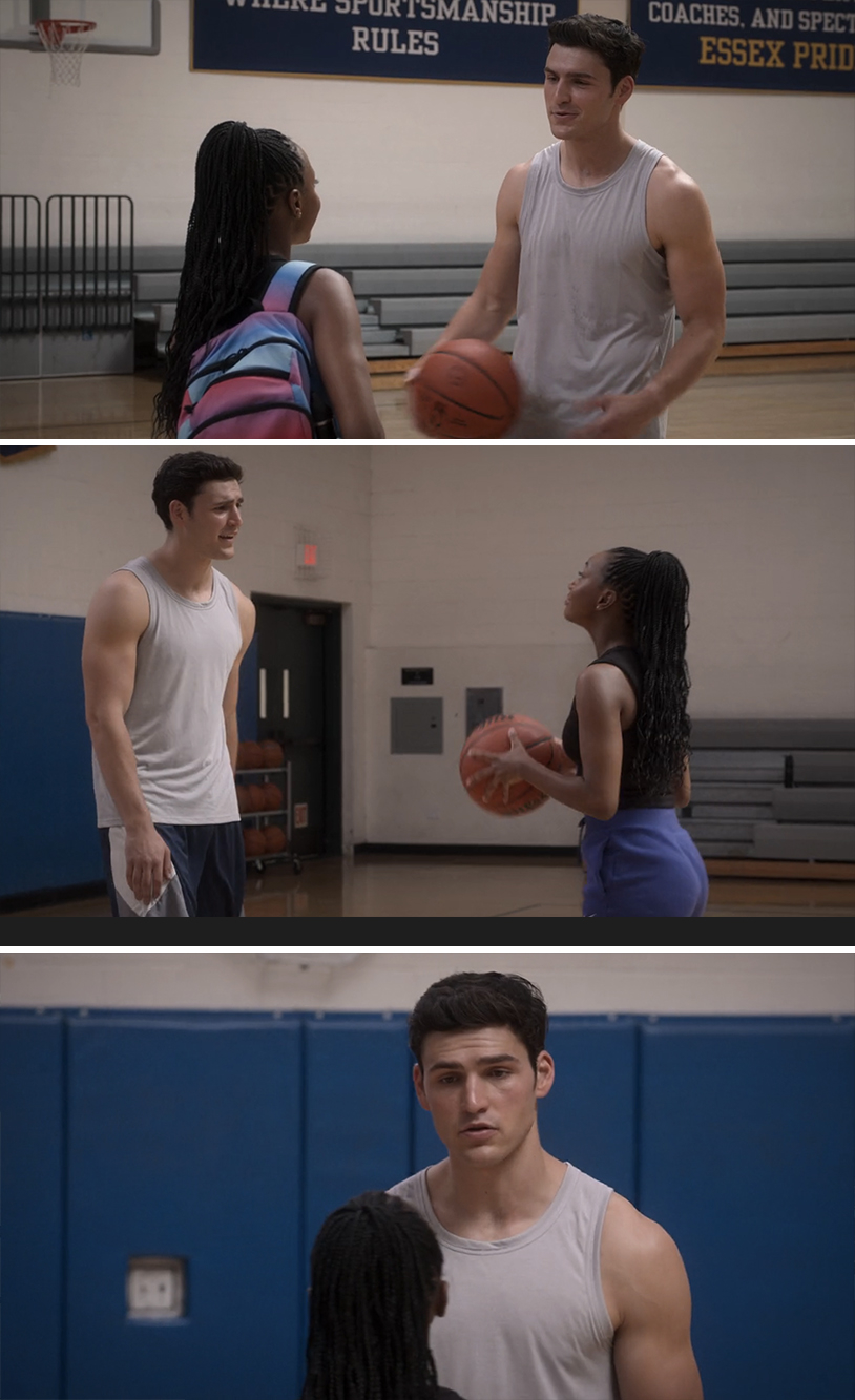 Charlie and Alyah Chanelle Scott playing basketball in a gym in &quot;The Sex Lives of College Girls&quot;