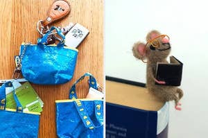 on left: Ikea bag-shaped keychains. on right: little plush mouse on book