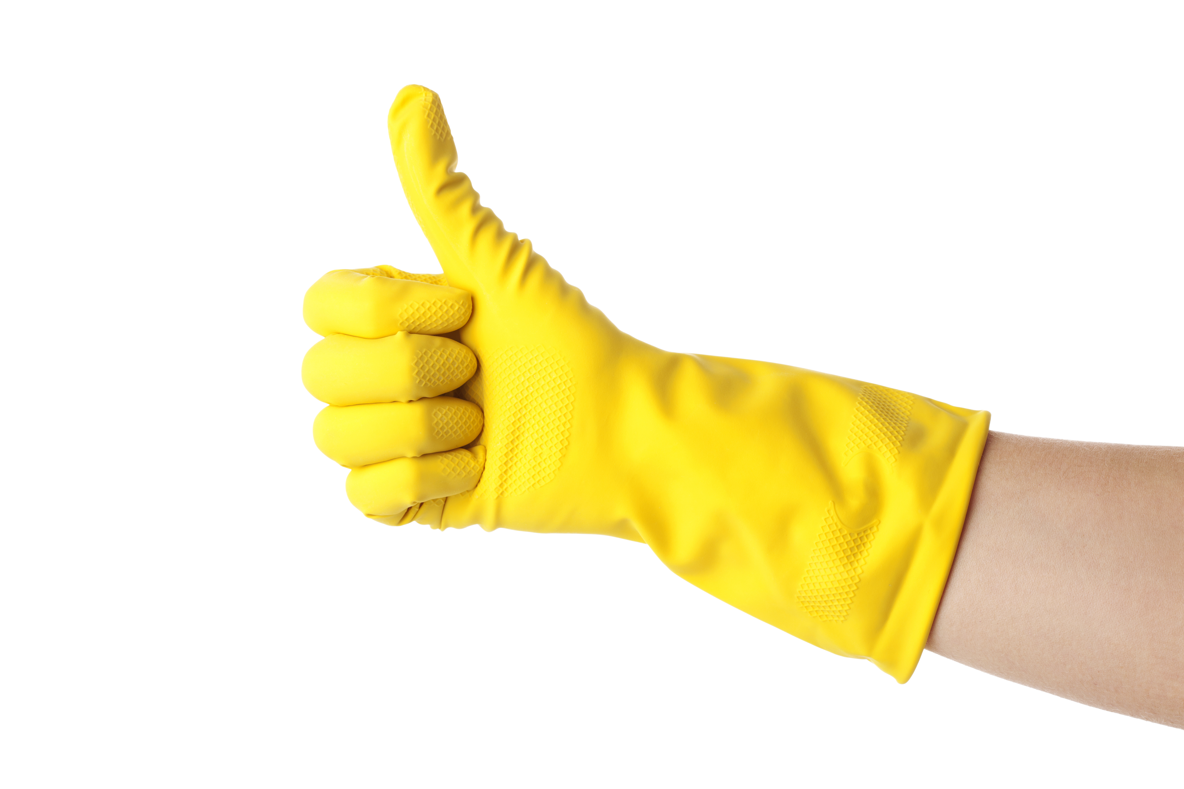 person giving a thumbs up while wearing a dishwashing glove