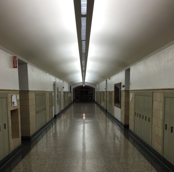 A dark school hallway