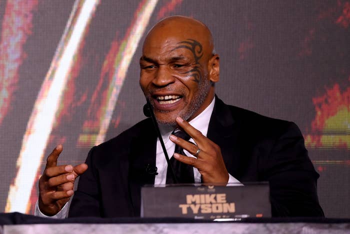 Justin Setterfield / Getty Images RIYADH, SAUDI ARABIA - OCTOBER 26: Mike Tyson reacts during a press conference ahead of the Tyson Fury v Francis Ngannou boxing match at Boulevard Hall on October 26, 2023 in Riyadh, Saudi Arabia. (Photo by Justin Setterfield/Getty Images)