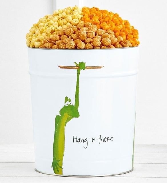 the popcorn container with a frog on it that says hang in there