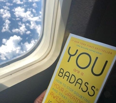 a reviewer photo of a person holding the book on a plane