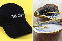 a hat with text "executive producer dick wolf" / an oyster salt and pepper dish set