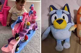to the left: a disney princess castle, to the right: a bluey plush doll