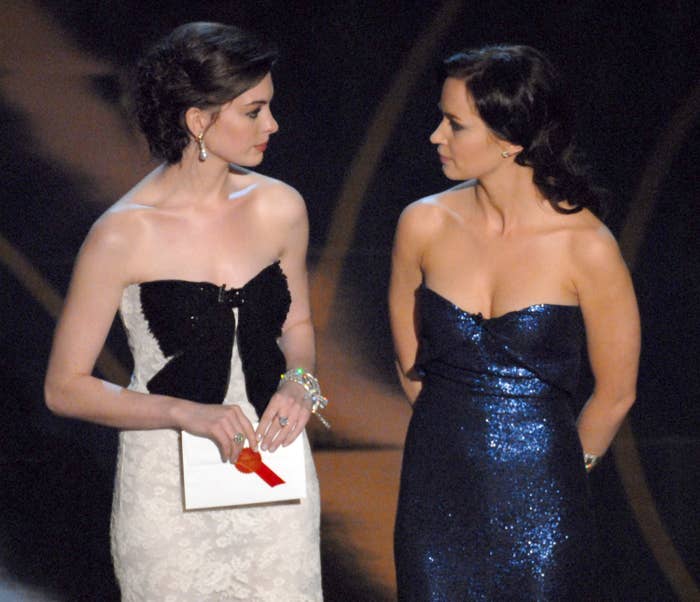 Closeup of Anne Hathaway and Emily Blunt