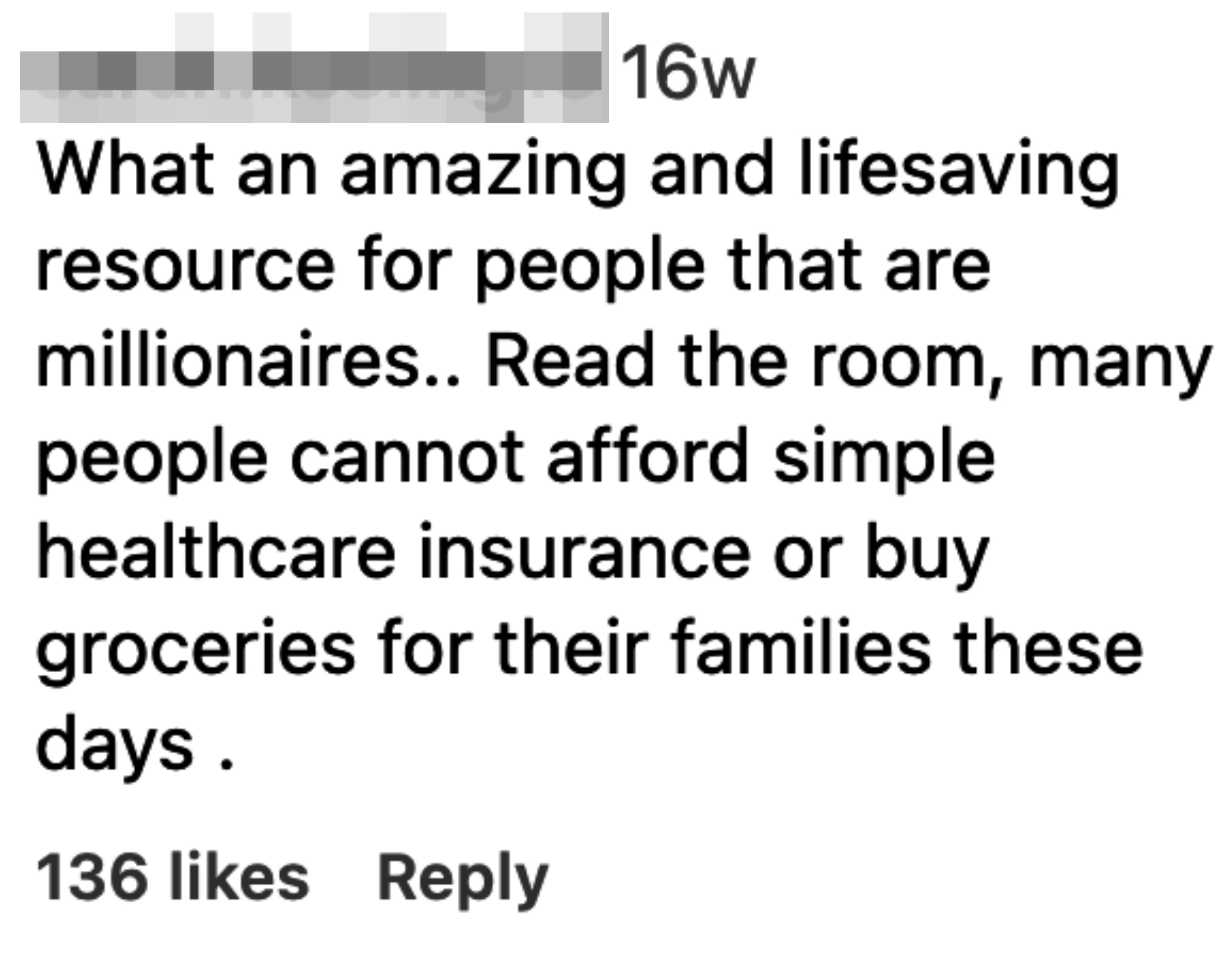 commenter saying, what an amaing and lifesaving resource for people that are millionaires