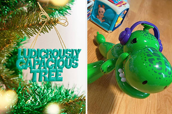ornament that reads "ludicrously capacious tree" and robot balloon dino toy