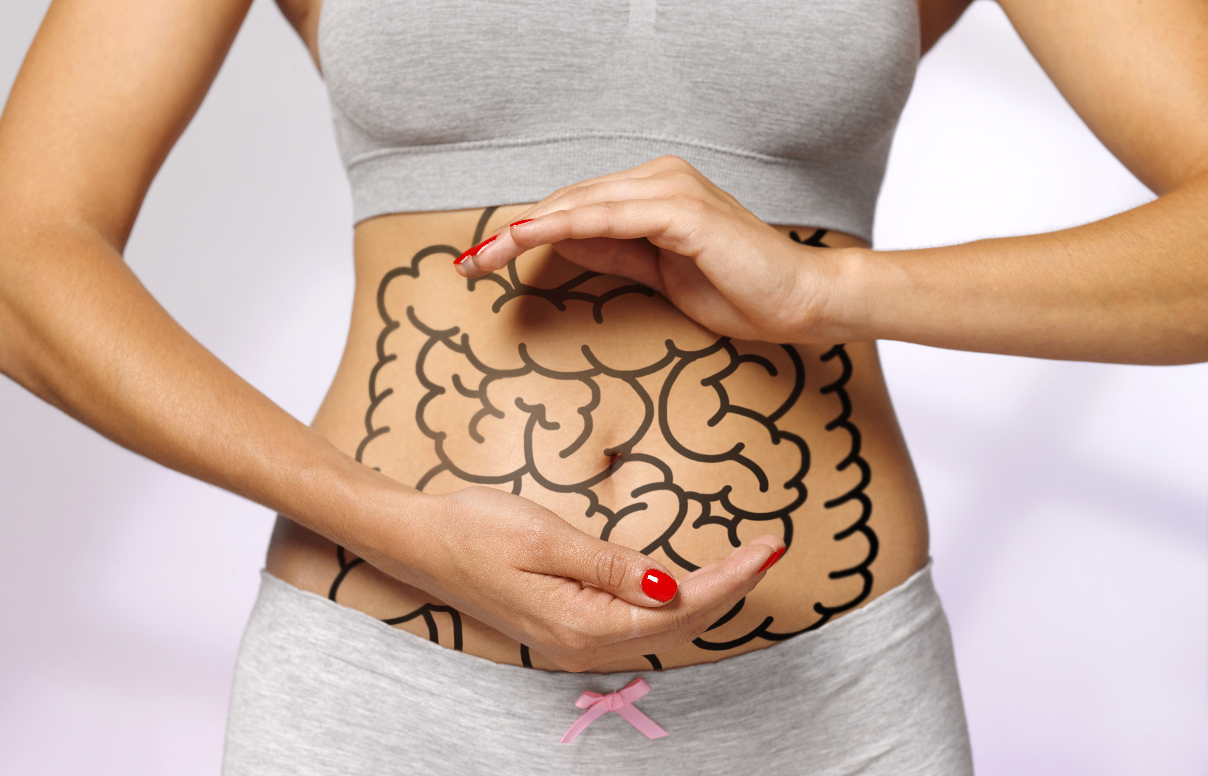 intestines drawn on a woman&#x27;s abdomen representing digestion