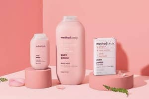 body wash bottle, mini bottle, and bar of soap