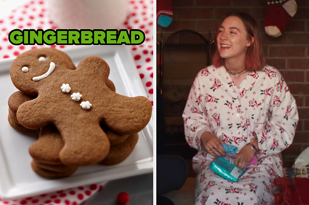 On the left, a stack of gingerbread men labeled gingerbread, and on the right, Saoirse Ronan smiling while opening Christmas presents as Lady Bird