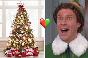A Christmas tree and Buddy the Elf looking amazed.