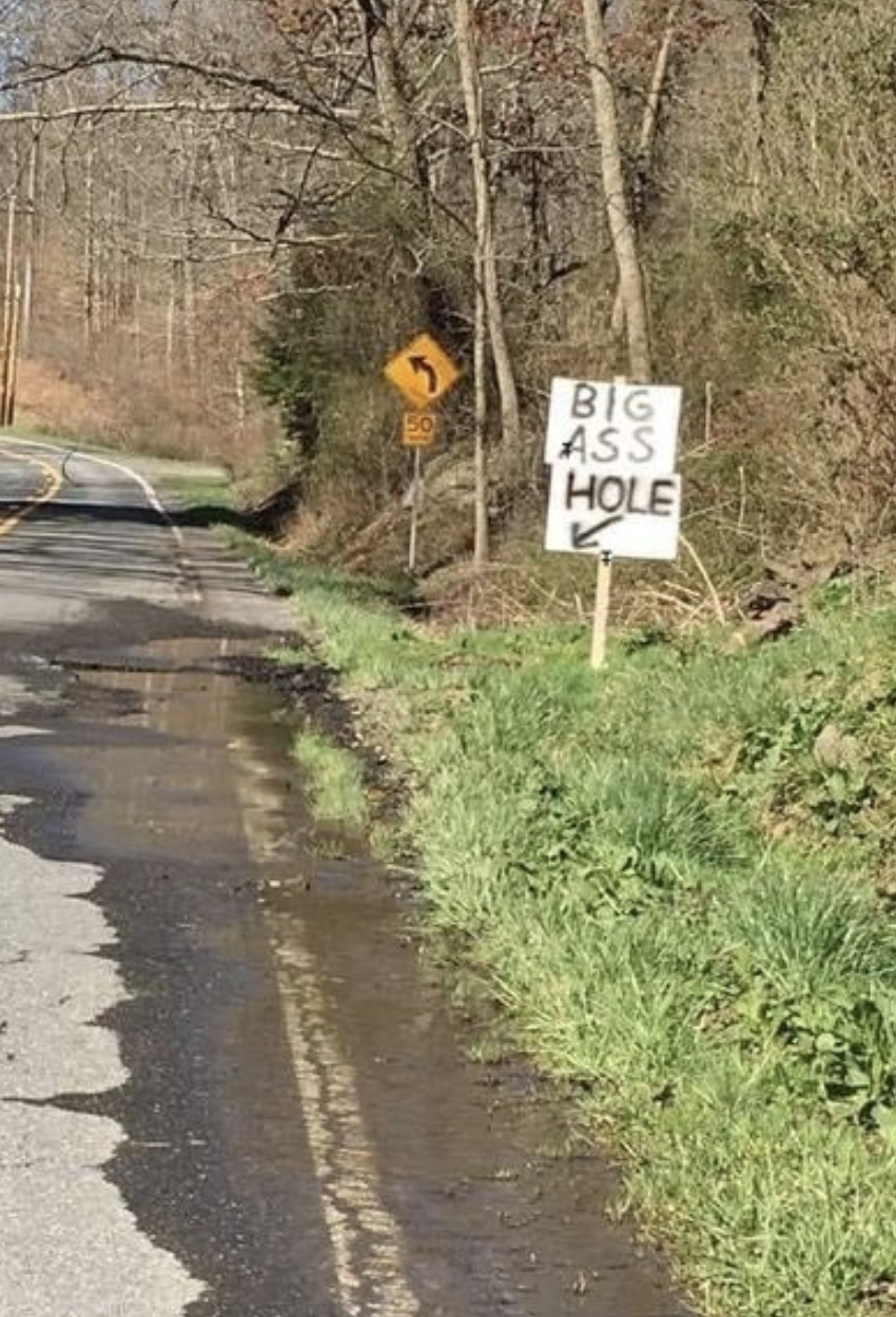 sign reading big ass hole pointing to a pot hole in the road
