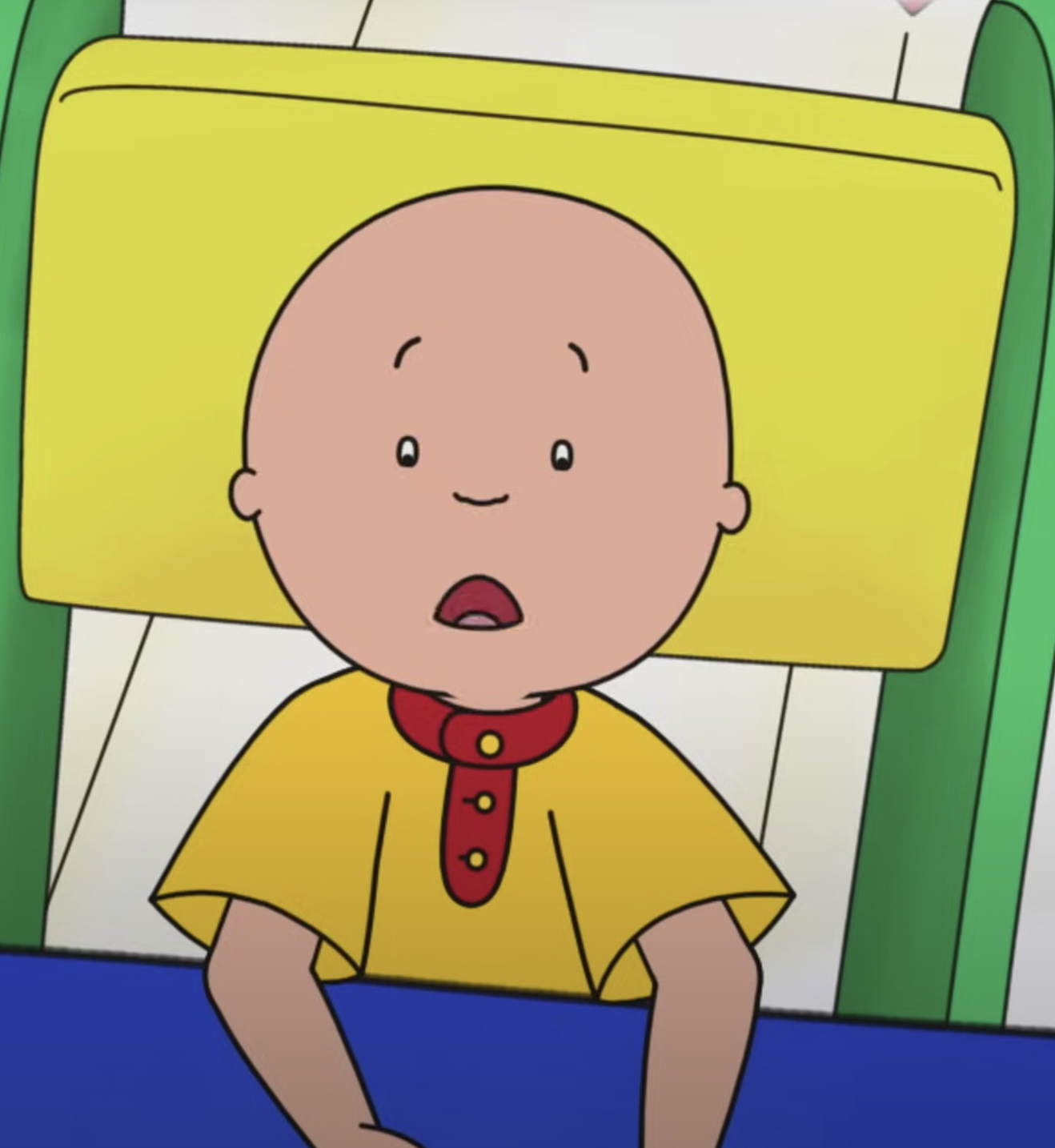 Caillou sits in a chair and gasps.