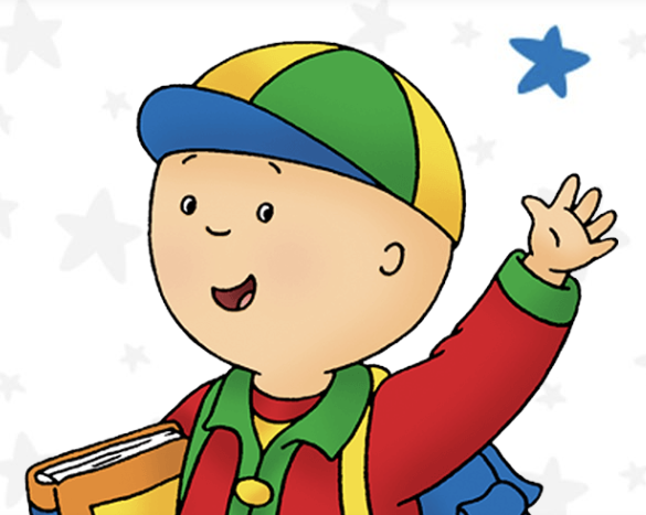 Caillou holds a book and wears a baseball cap and waves.