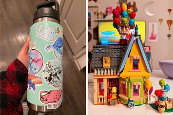 blue waterbottle with stickers and up lego house