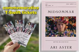 hand holding three commemorative Taylor Swift tickets; Midsommar screenplay book
