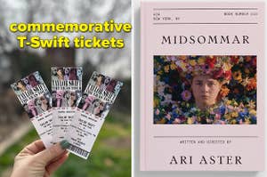 hand holding three commemorative Taylor Swift tickets; Midsommar screenplay book
