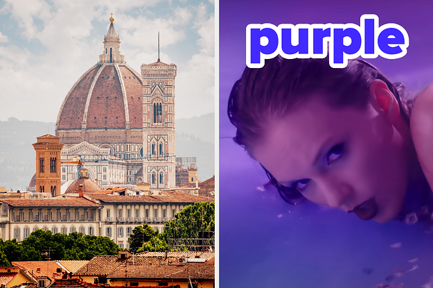 On the left, a church in Florence, and on the right, Taylor Swift in water in the Lavender Haze music video labeled purple