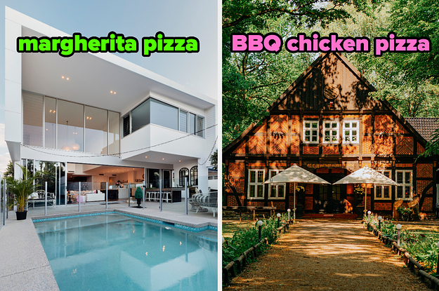 On the left, an ultra modern house with a pool out back labeled margherita pizza, and on the right, a brick, chalet-style home in the woods labeled BBQ chicken pizza