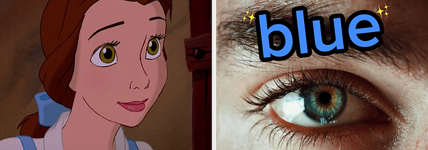 On the left, Belle from Beauty and the Beast, and on the right, a closeup of an eye with blue typed above it