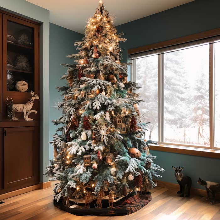 A Christmas tree with branches that look like they&#x27;re covered in snow with warm lights and various snowflake and house ornaments, featuring a plaid tree skirt