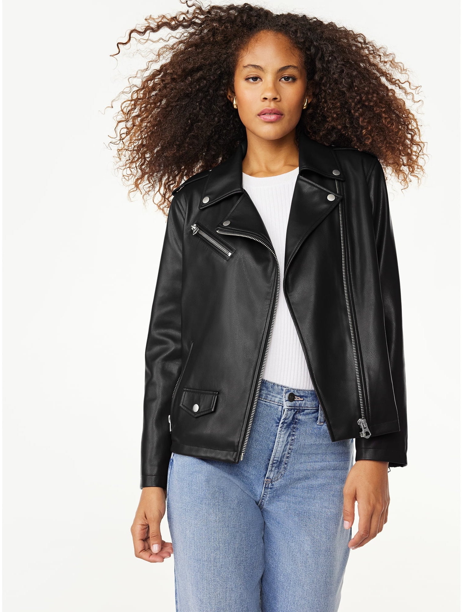 model wearing a black asymmetrical faux leather jacket