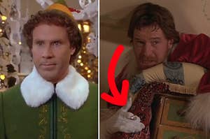 Side-by-sides of Buddy the Elf from "Elf" and Bryan Cranston dressed as Santa
