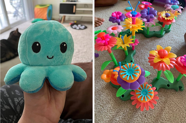 to the left: a smiley face octopus plush, to the right: a flower building kit