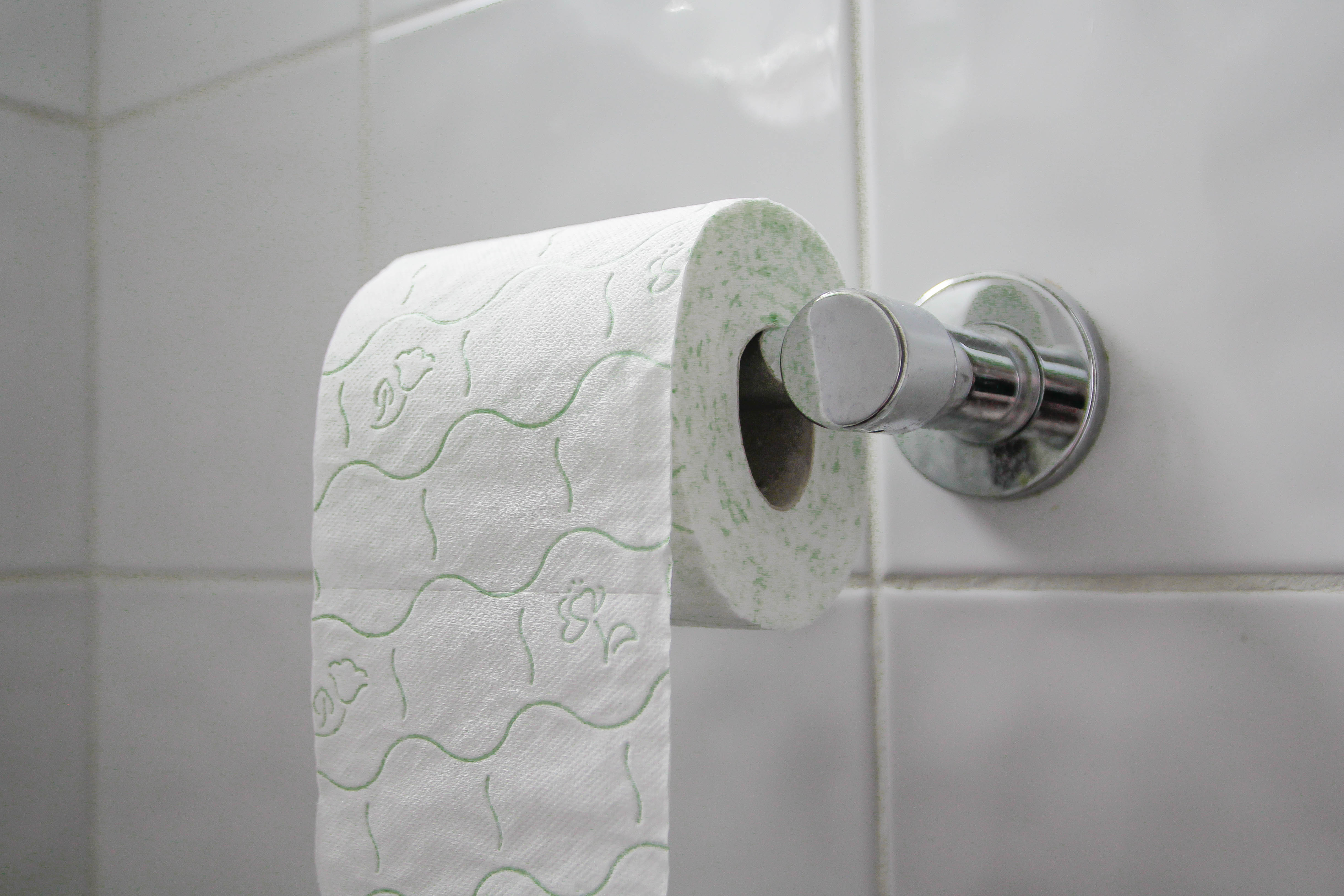 A roll of toilet paper hanging on the wall of a bathroom