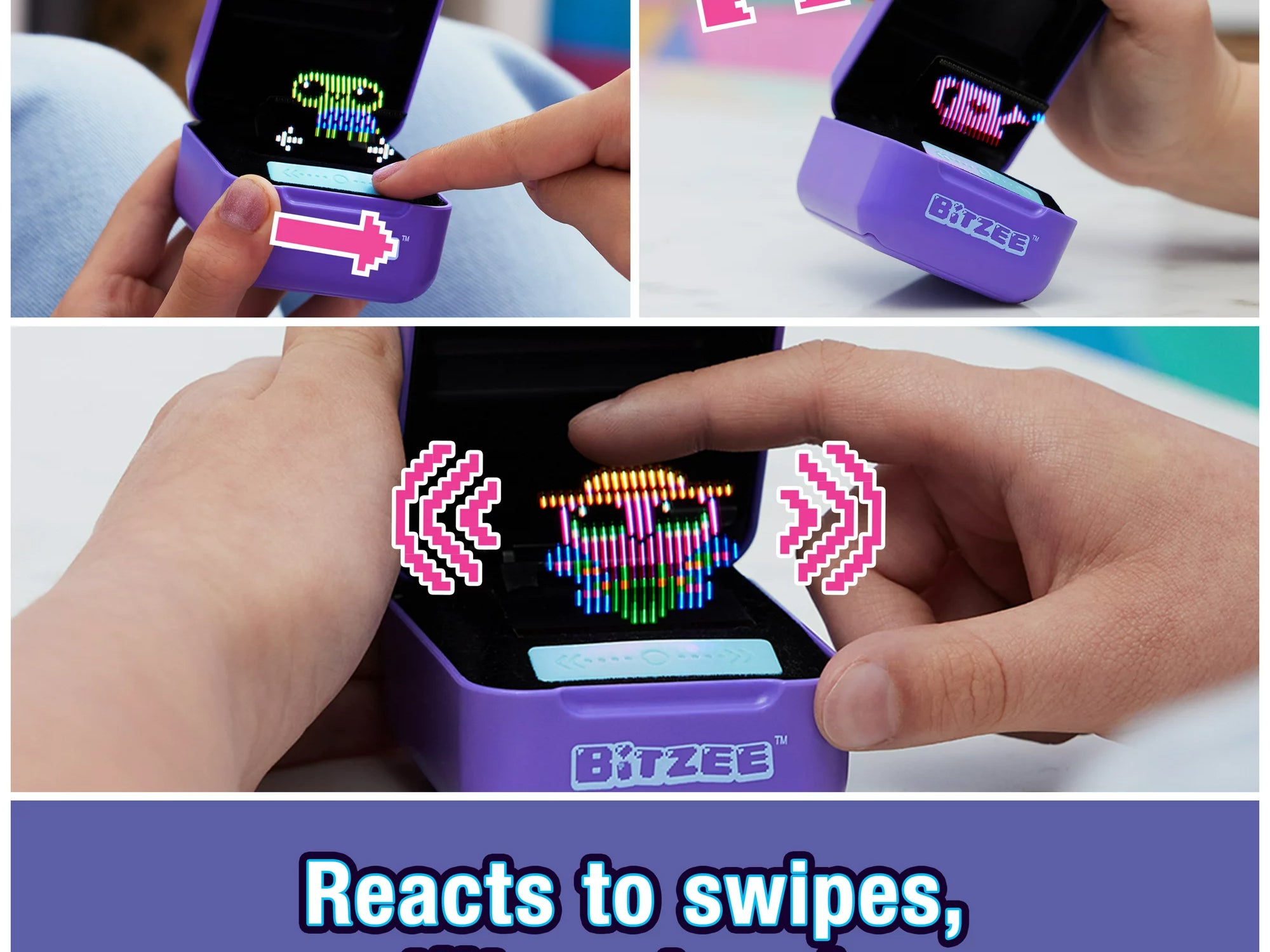 Three images of purple Bitzee digital toy