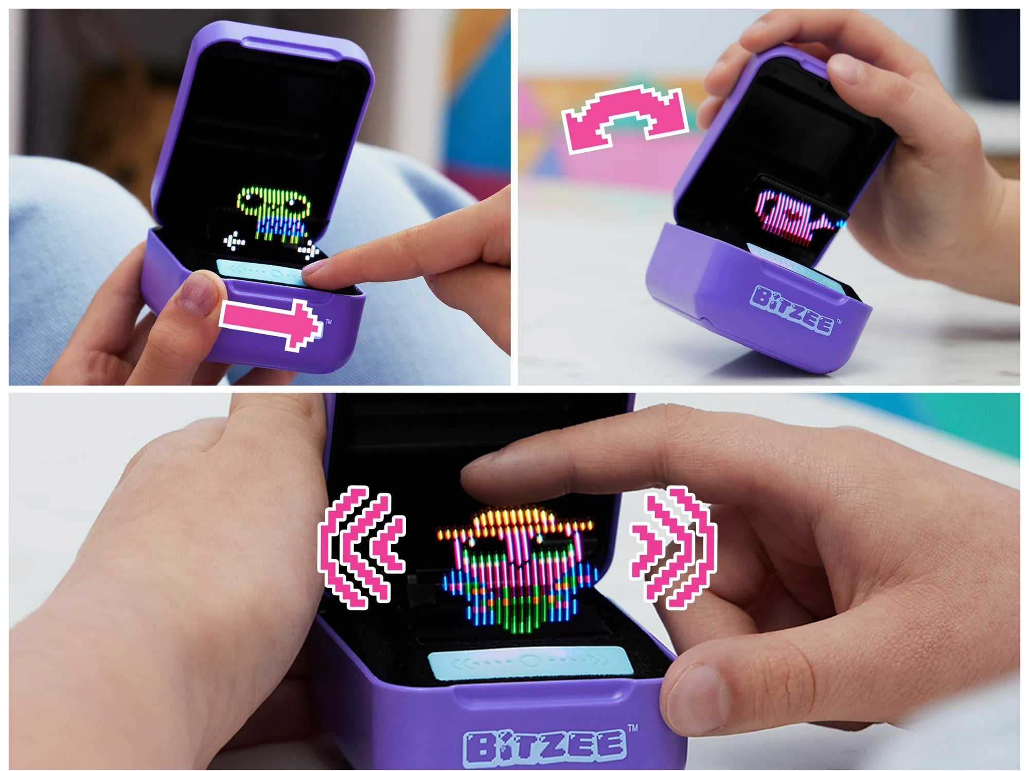 Three images of purple Bitzee digital toy