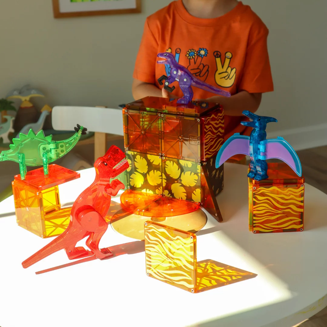 Colorful Magna-Tiles set with four dinosaurs